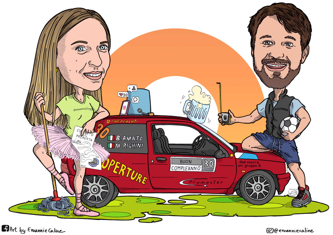 Caricatura con soggetto aggiuntivo e a colori a tinte piatte (€43)